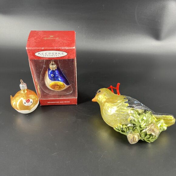 LI’L PARTRIDGE Blue & Gold Hand Blown Glass Hallmark Ornament & Cardinal Bird - Picture 1 of 16